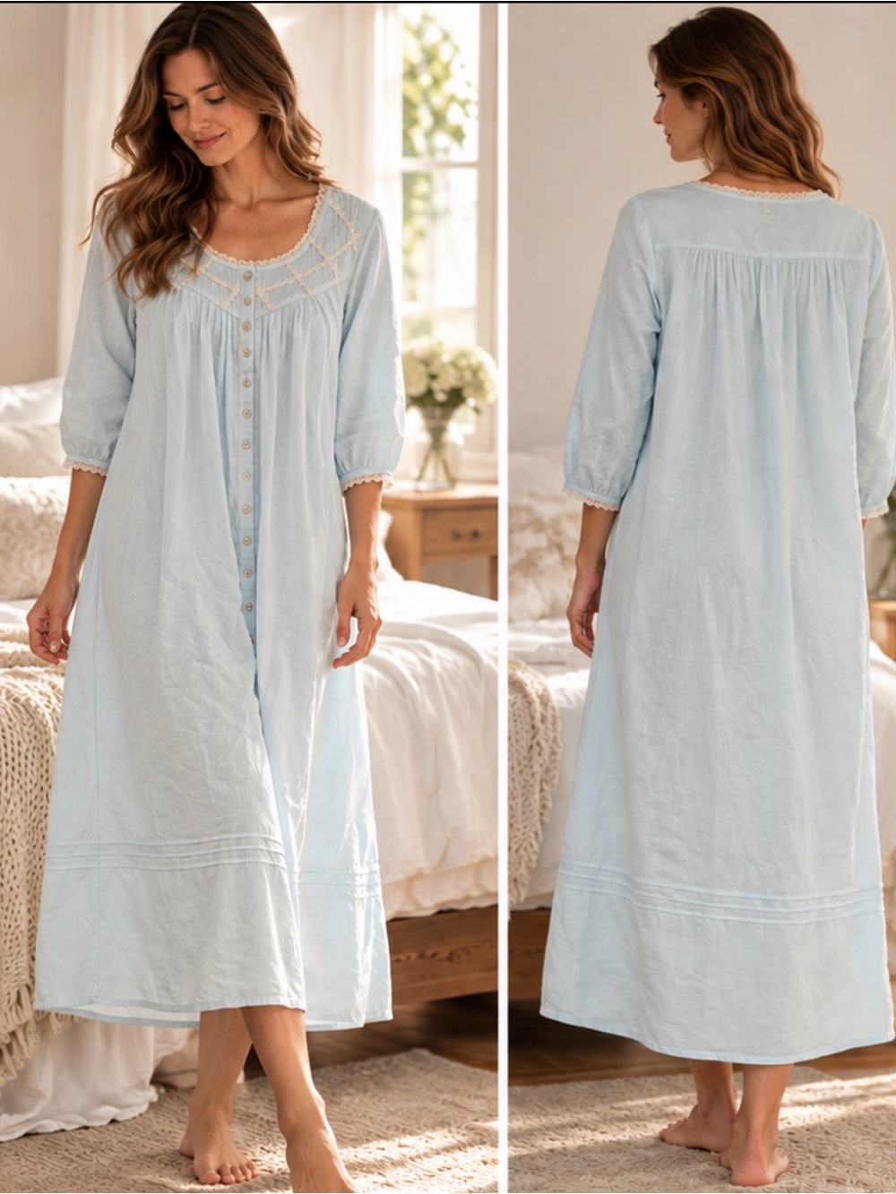 Eileen West NWT Size S Oversized 100% Cotton Blue Lace Nightgown